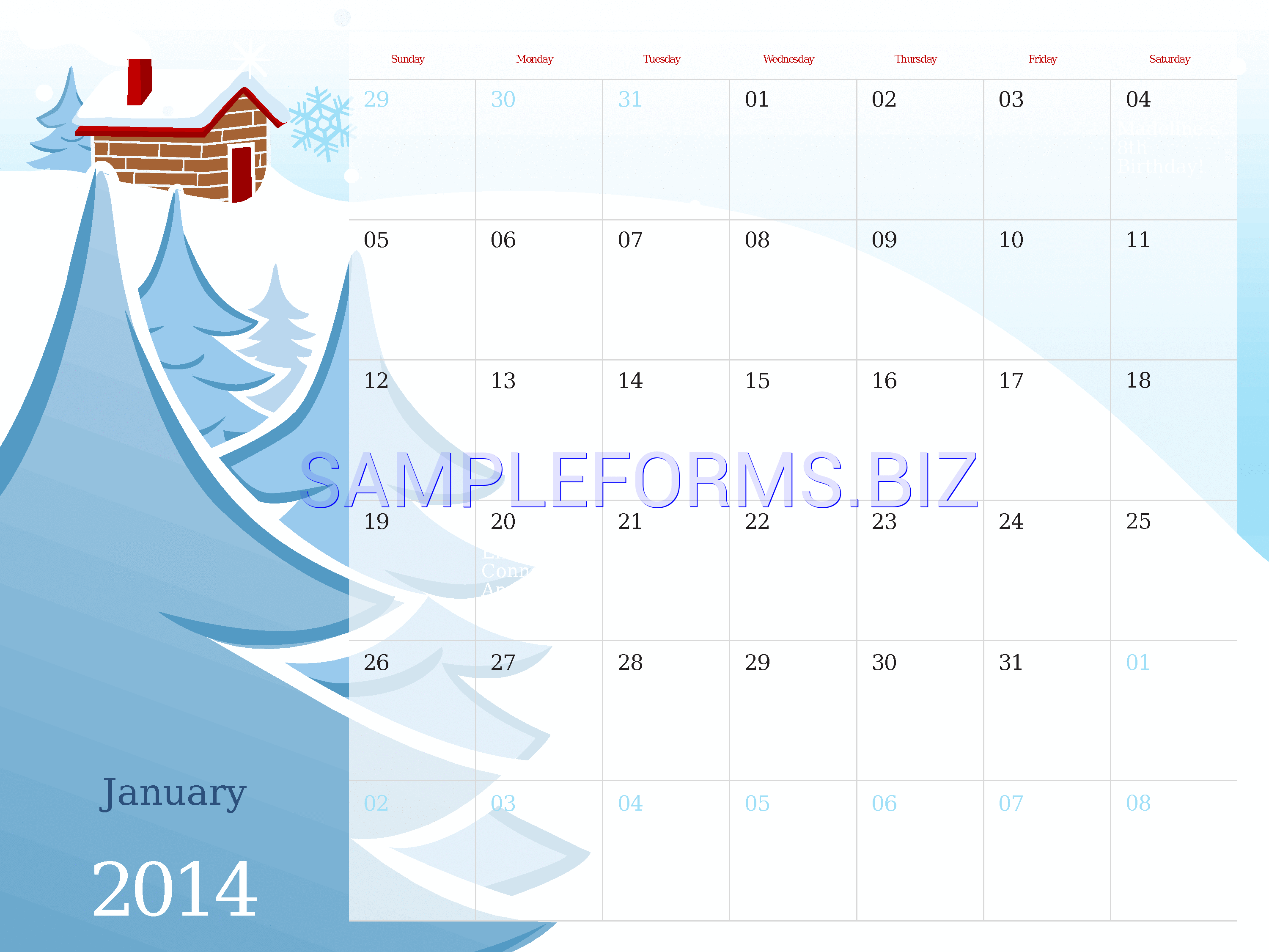 Preview free downloadable 2014 Illustrated Seasonal Calendar (Sun-sat) in PDF (page 1)